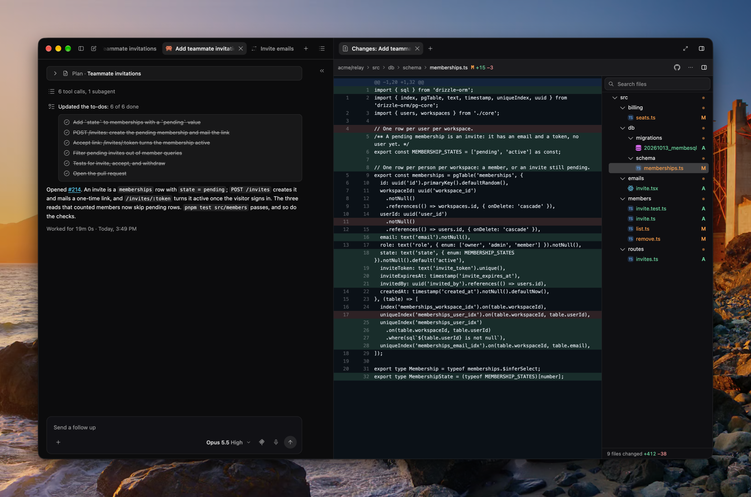 A finished coding agent beside its Changes tab: a migration's diff and the file tree narrowed to the pull request's nine changed files.